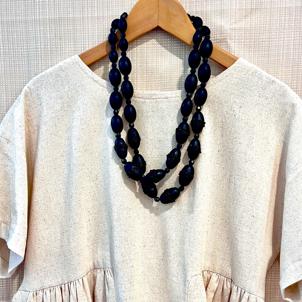 Chunky Wood Black Beaded Statement Necklace Layered Necklace